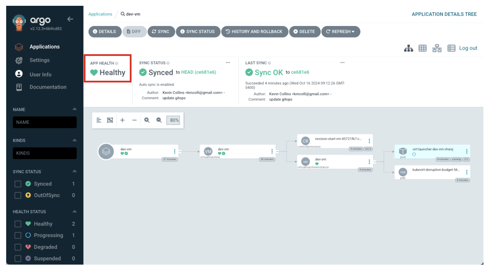OpenShift GitOps view of healthy VM